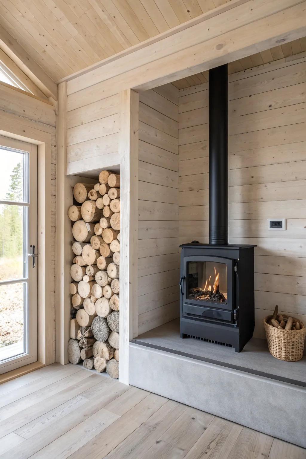 Built-in log niche beside a sleek stove—stacked firewood turned into warm, minimalist art.