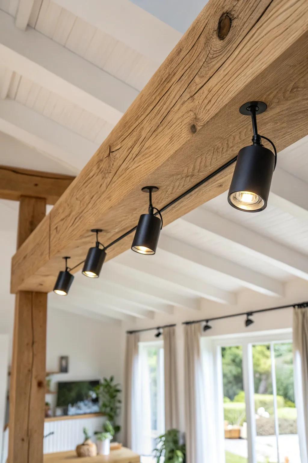 Sleek track lighting mounted on a wood beam—flexible spots with warm glow and clean contrast.