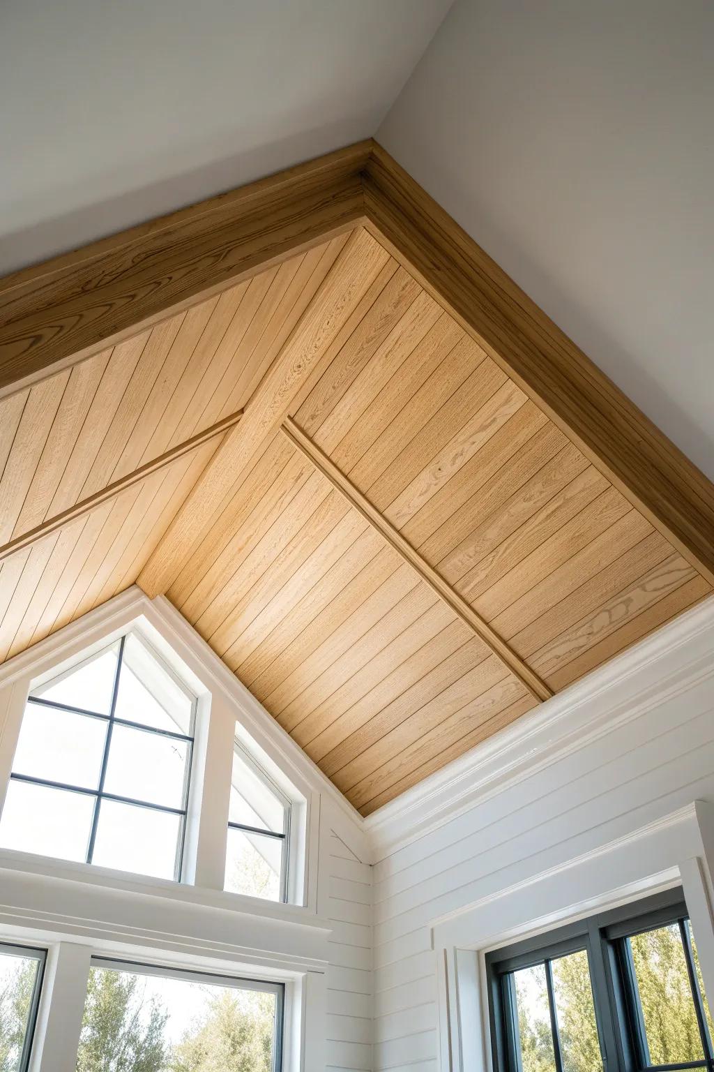 Vaulted ridge cap trim in warm oak—clean lines that anchor the ceiling peak beautifully.