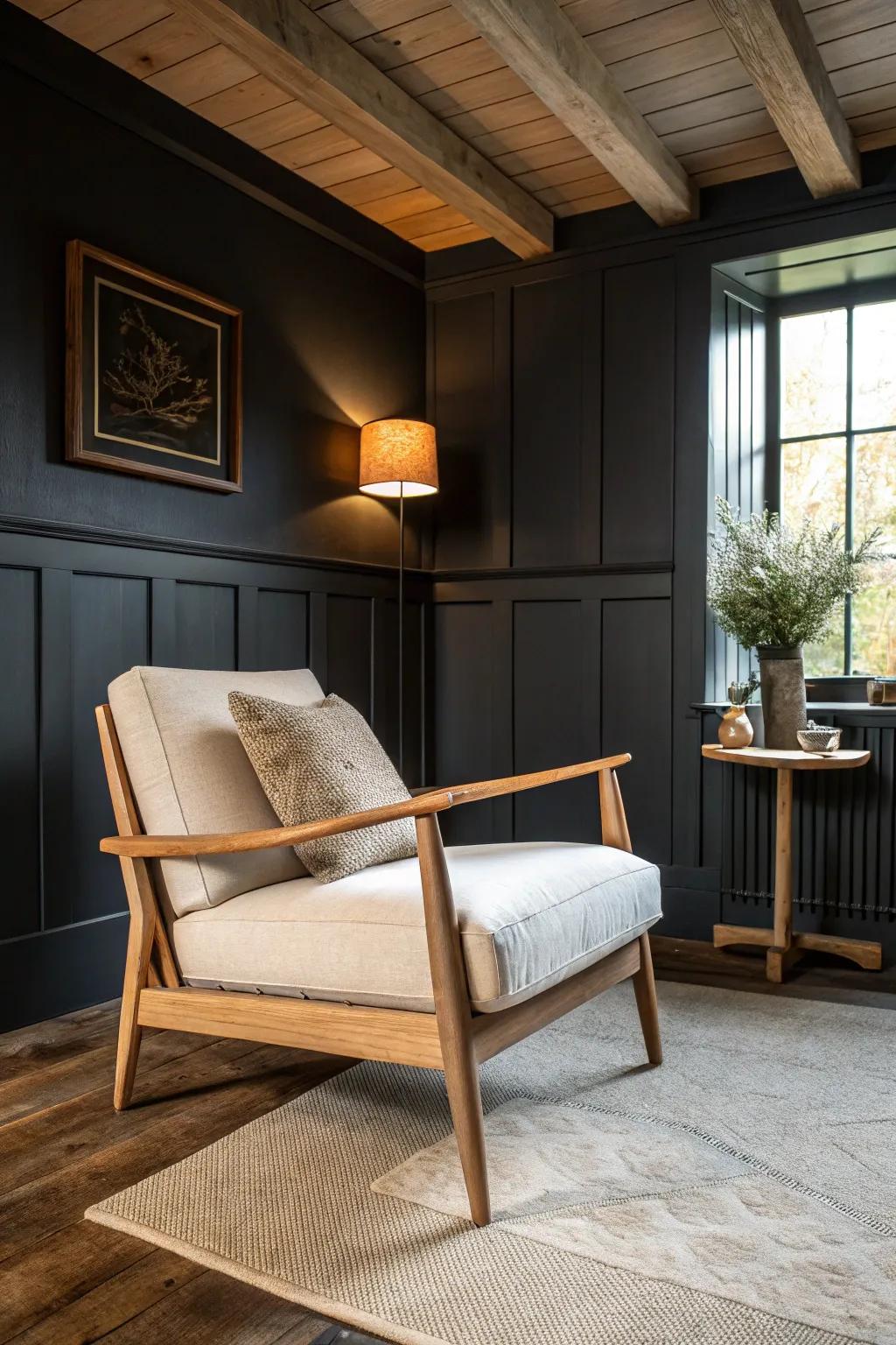 Deep charcoal walls + a warm wood ceiling: cozy drama, balanced with light trim tonight.