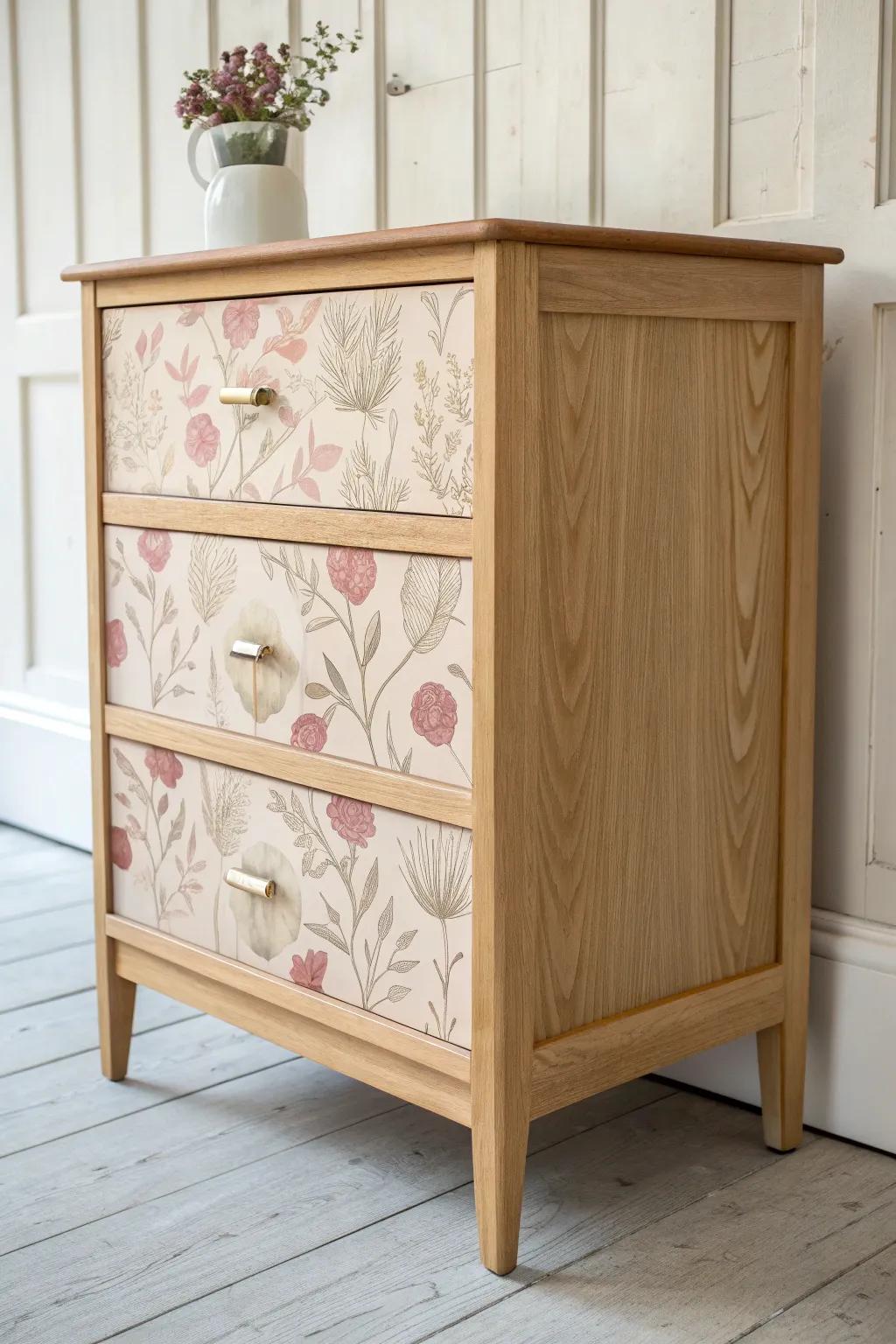 Instant wallpaper for wood—decoupage drawer fronts for a fresh, handcrafted dresser update.