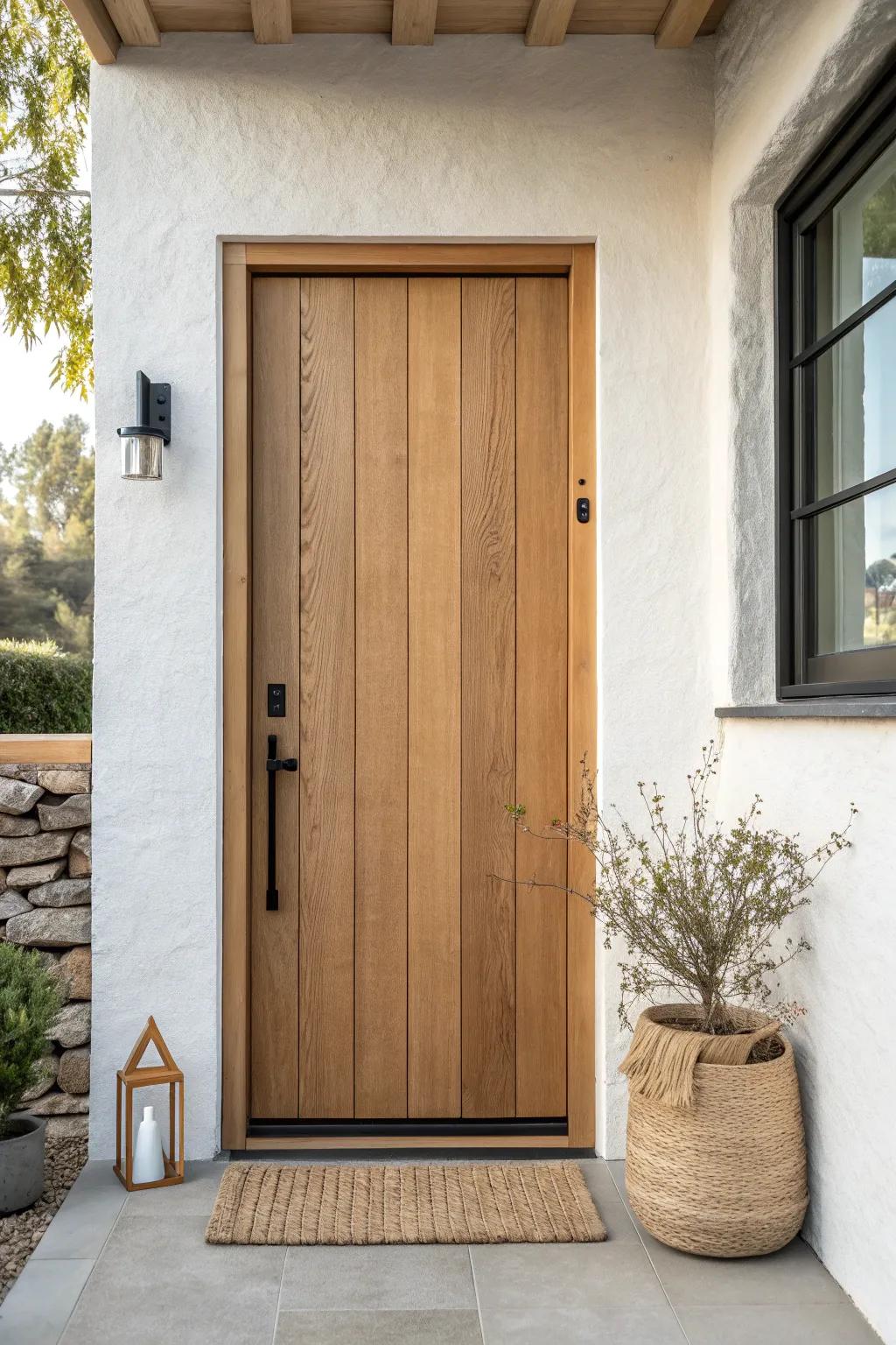 Flush wide-plank wood door with a long dark pull—minimal, modern, and warmly welcoming.