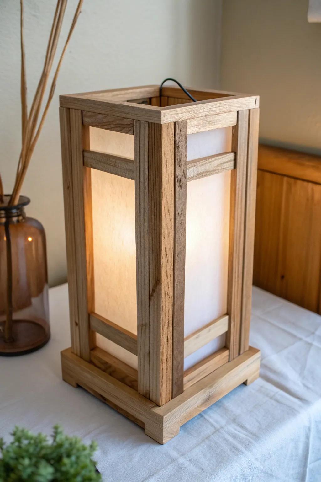 Pallet wood box lantern lamp with frosted diffuser—soft glow, clean lines, cozy minimal style.