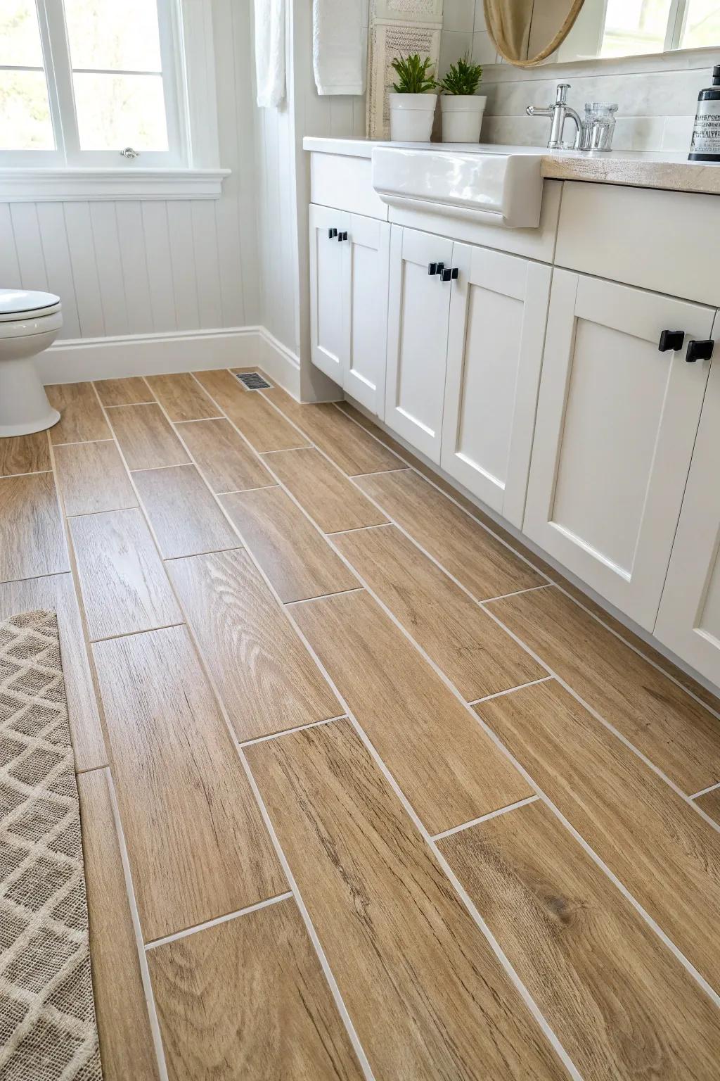 Picture-frame wood-look tile border gives a minimalist bathroom floor a custom, built-in feel.