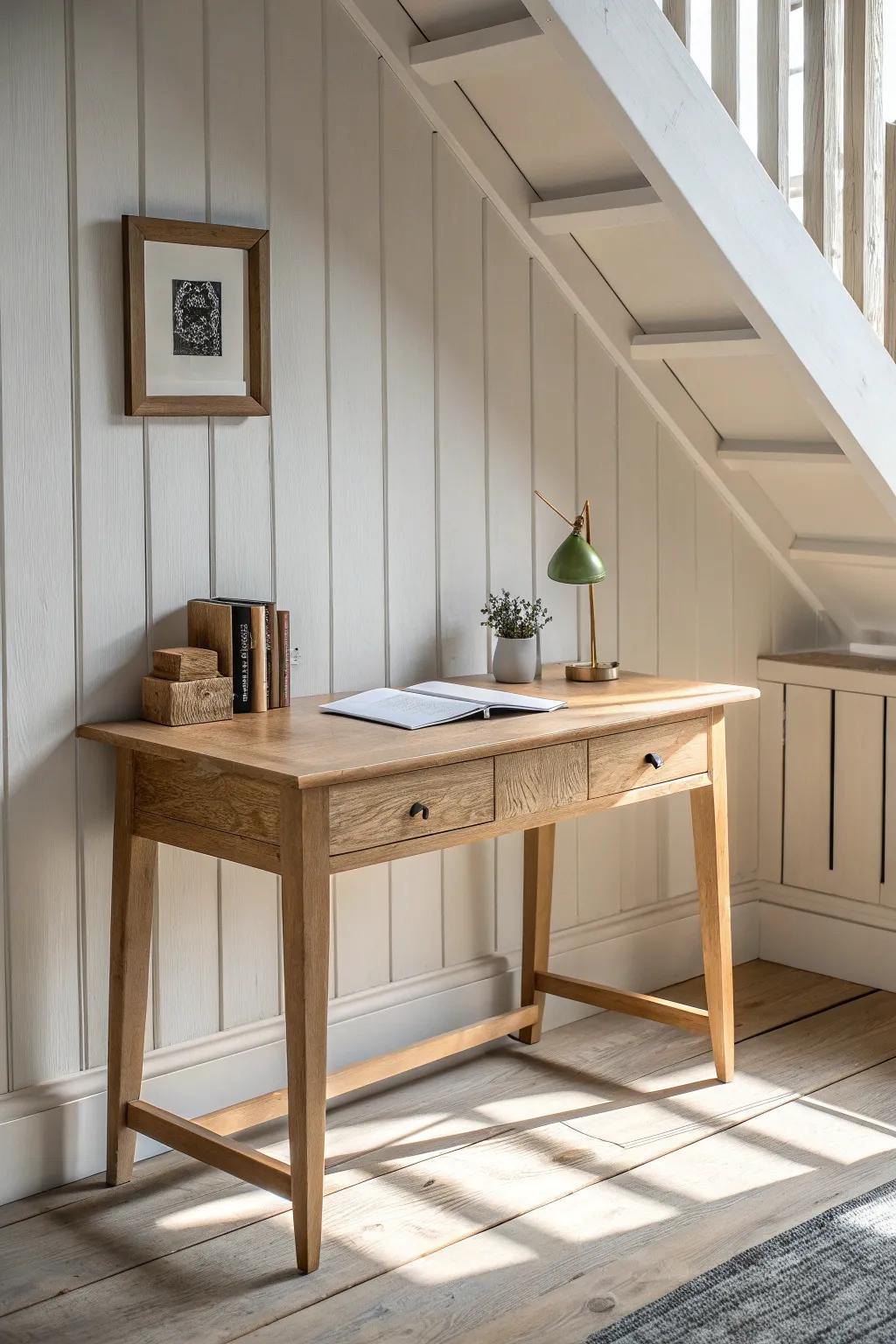 Crisp board-and-batten meets warm wood—an easy farmhouse upgrade for any home office.