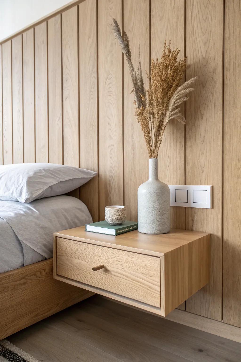 Built-in nightstand carved into oak paneling—clean lines, warm grain, custom calm.