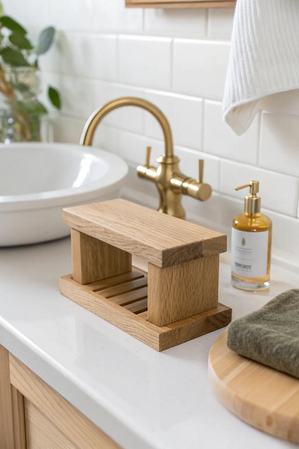 Sealed oak mini riser brings calm to your vanity—pretty, practical, splash‑proof styling.