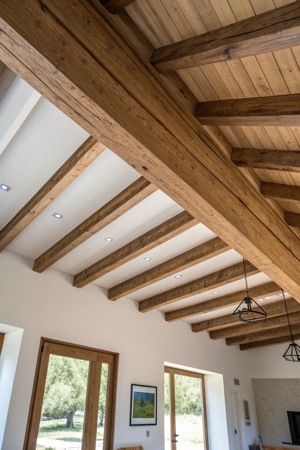 A simple stained center beam hides slat seams and adds a custom, intentional finish.