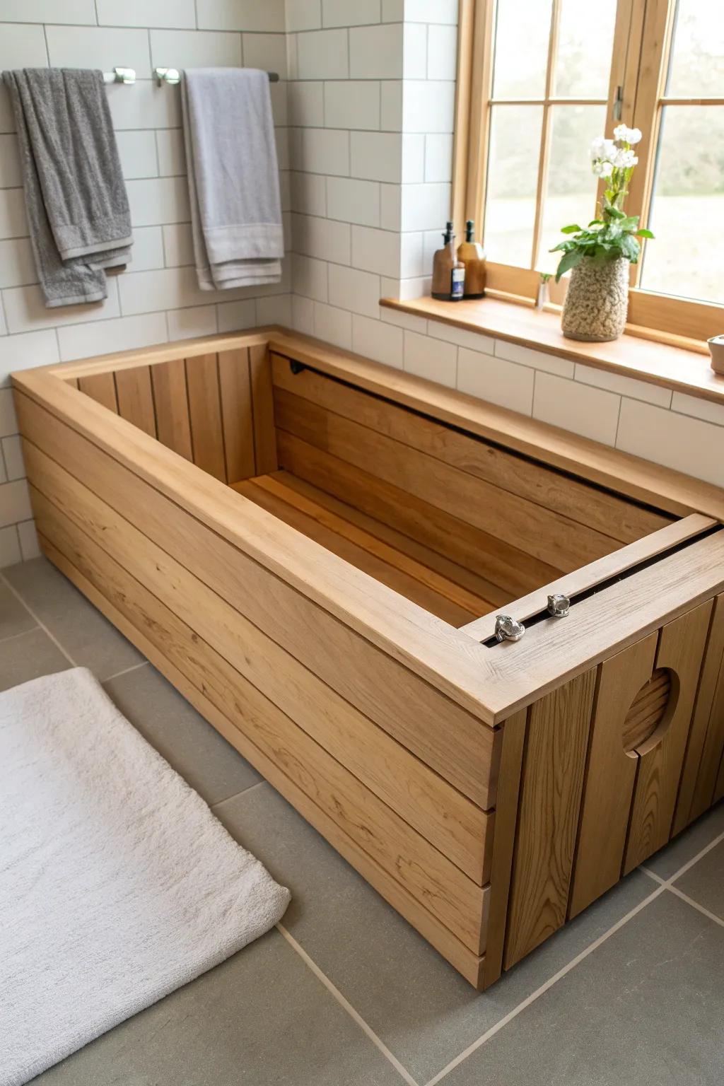 A waterproof access panel that vanishes into the wood grain—clean lines, easy reach, zero clutter.