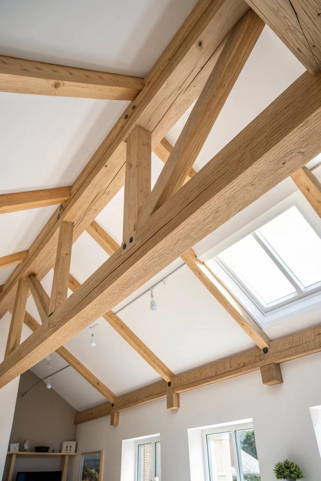 Horizontal collar-tie beam in light oak adds cozy scale to a bright vaulted ceiling.