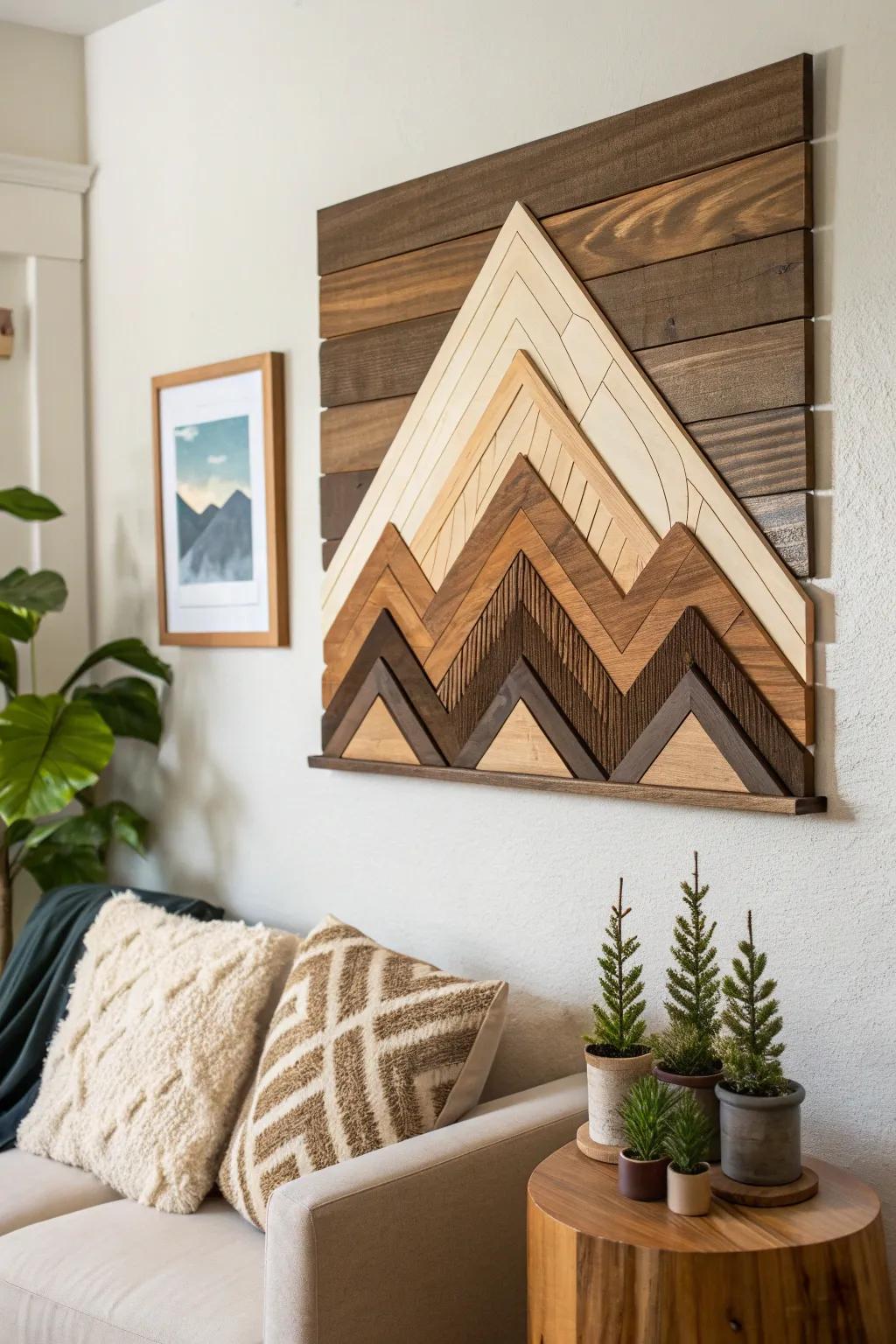 Layered plywood mountain art with warm tones and spacer shadows for cozy 3D wall depth.