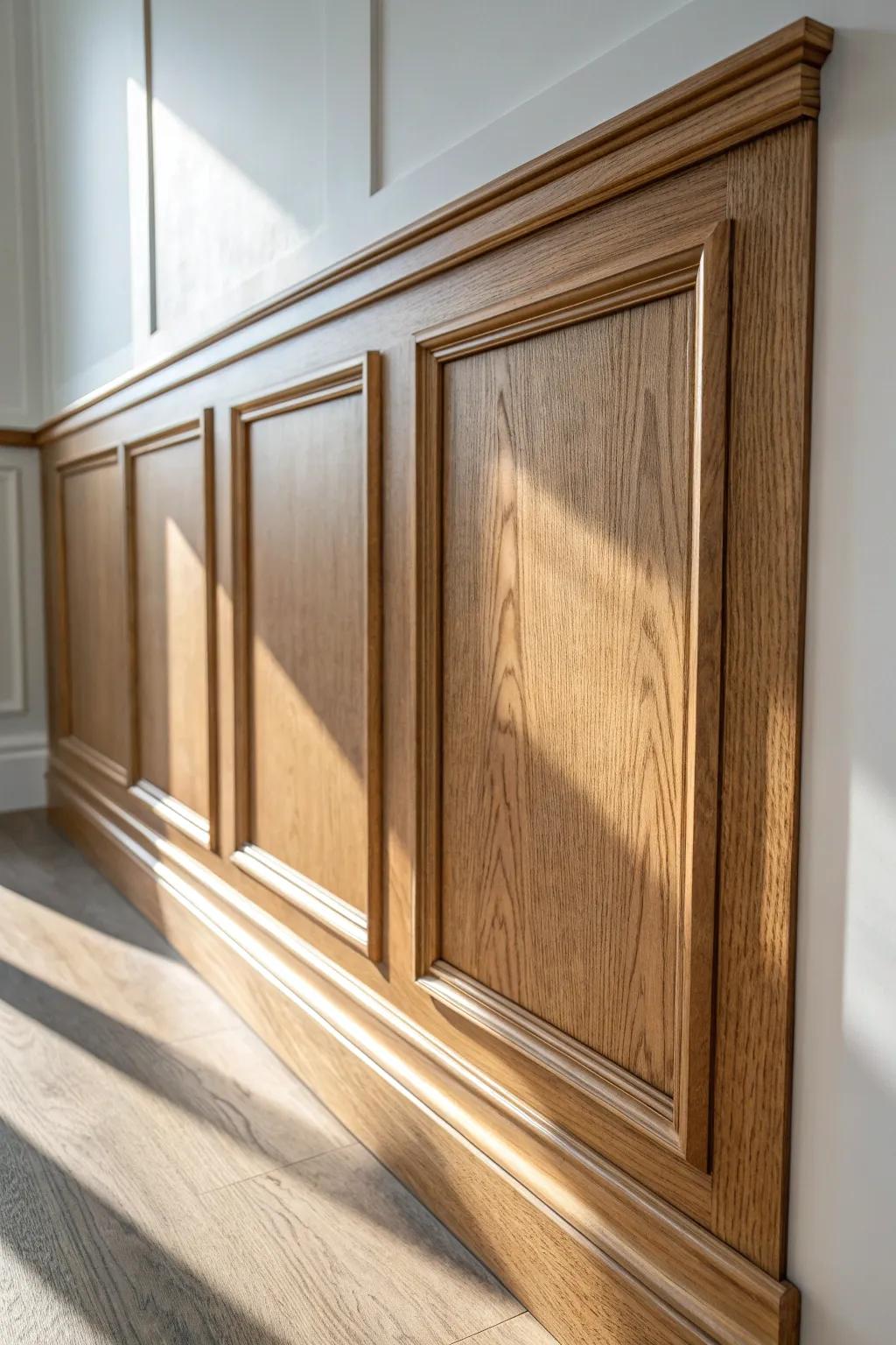 Double-layer wall panels add timeless depth—stacked trim profiles, clean lines, warm oak.
