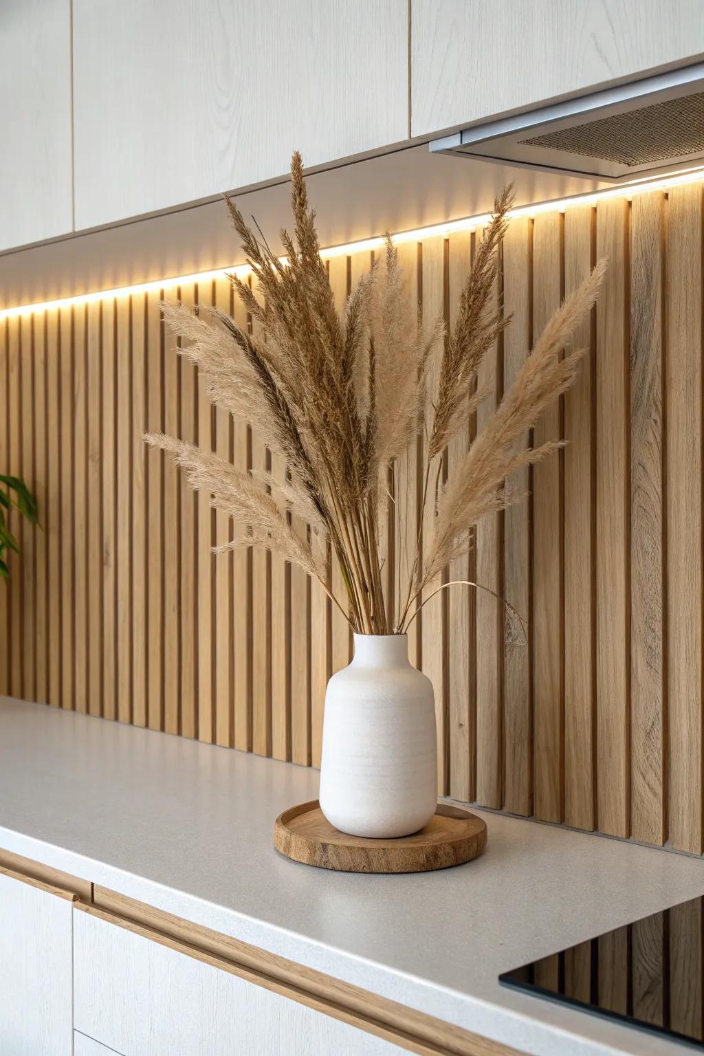 Vertical oak slat backsplash with hidden warm lighting—modern texture, calm Scandinavian vibes.