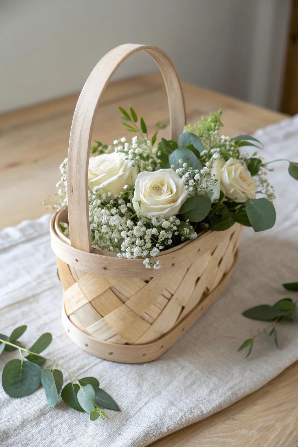 A sweet wooden flower girl basket dressed in white blooms and greenery—simple, rustic, timeless.