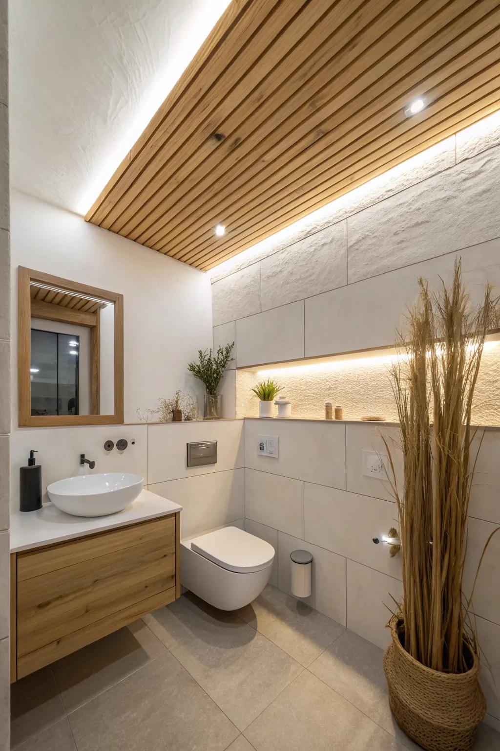 Cedar slat ceiling warmth turns even a small bathroom into a calm, spa-like retreat.