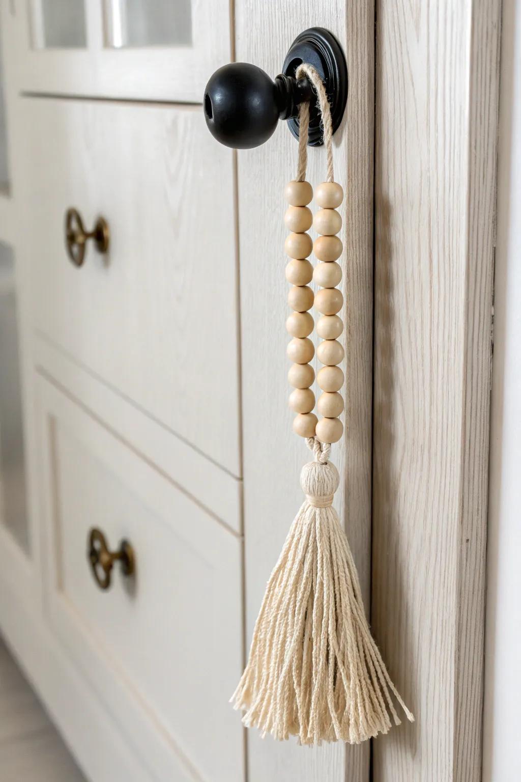 A two-minute upgrade: wooden bead + tassel hanger for a simple, cozy door knob accent.