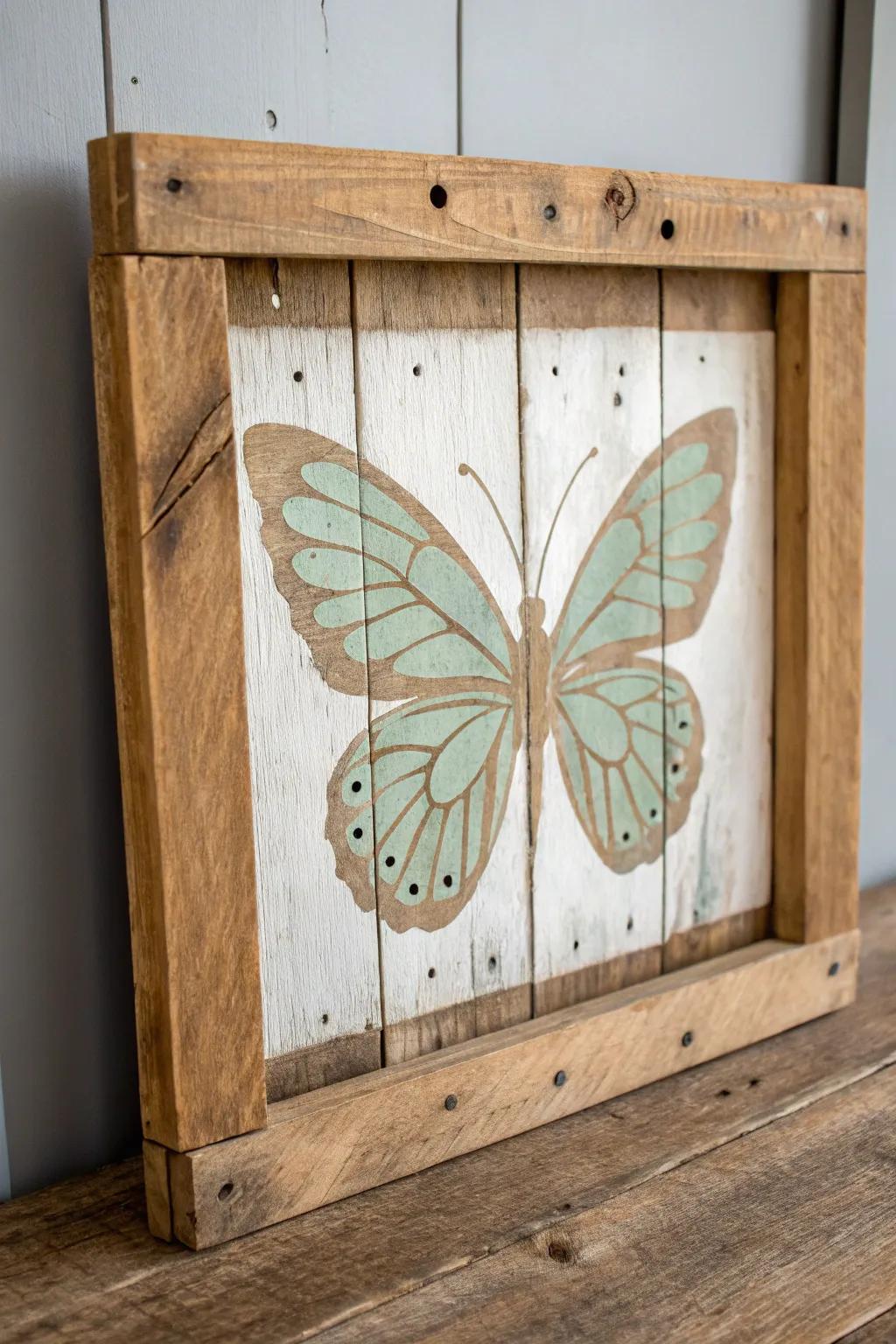 Muted butterfly paint on reclaimed wood with sanded edges for a cozy farmhouse distressed look.