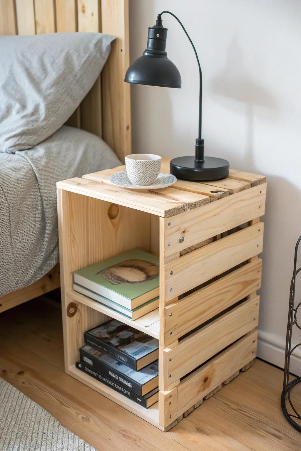 Turn a simple wooden crate into a chic nightstand—with a smooth top and hidden storage.