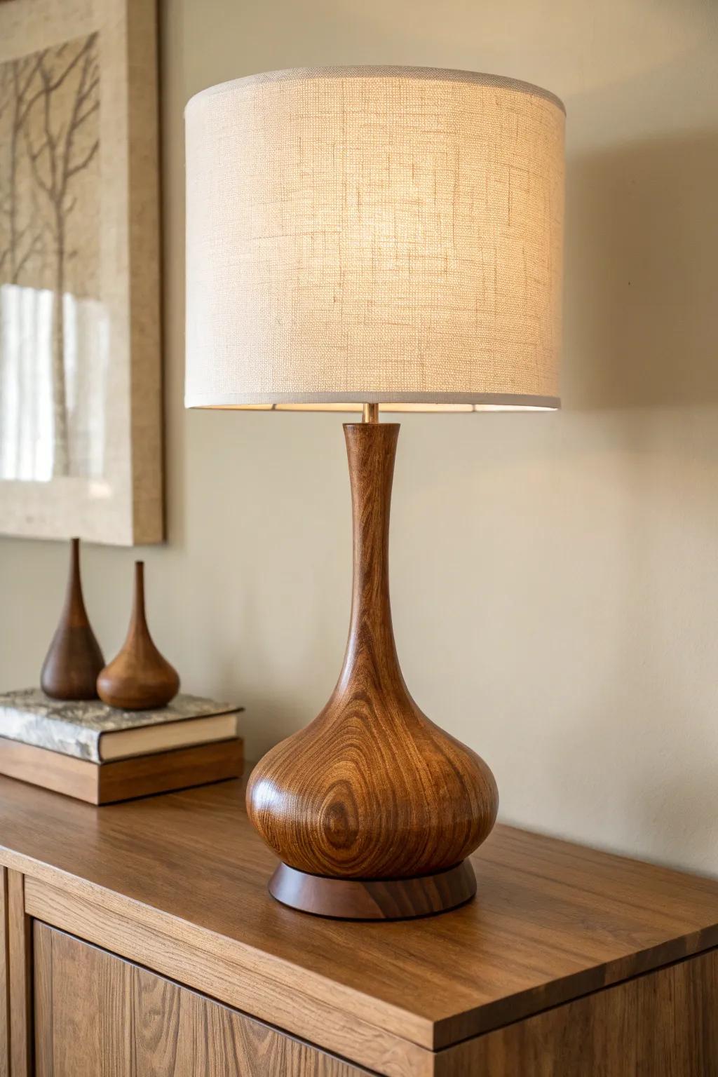 Warm walnut base + linen shade for a soft, cozy glow with timeless Scandinavian simplicity.