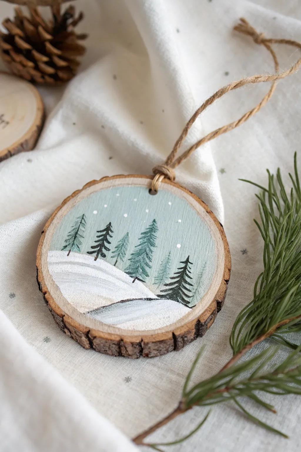 Mini winter landscape on a wood slice ornament—simple, snowy, and beautifully handmade.