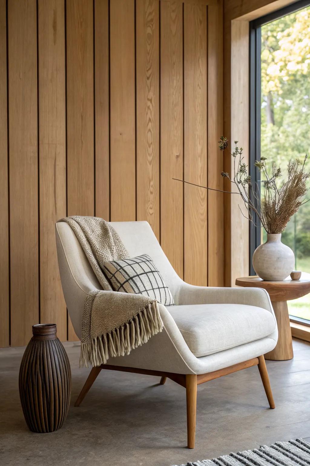 A cozy retreat: floor-to-ceiling oak cladding with one soft lounge chair as the focal point.