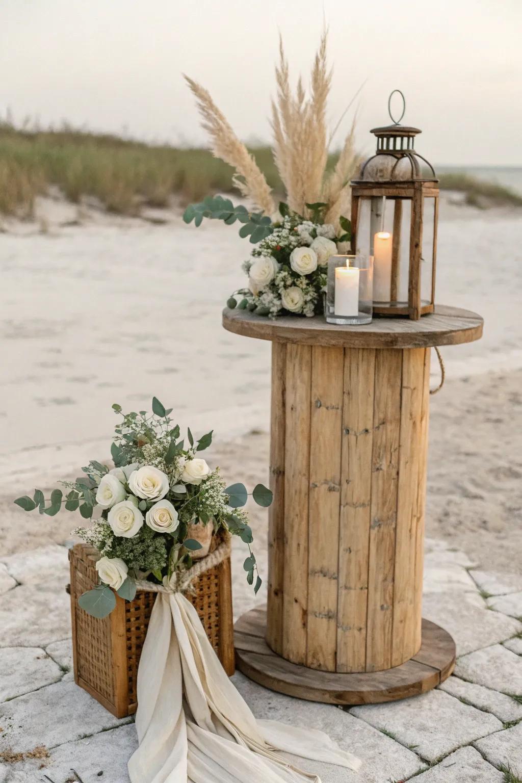 Wooden spool altar stand with lantern + airy florals—minimal, boho, and photo-perfect.
