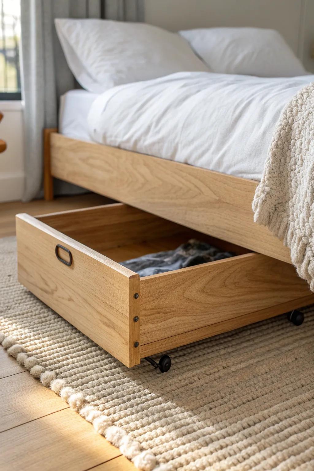 Low-profile wooden under-bed box on casters—beautiful, hidden storage with a handmade feel.