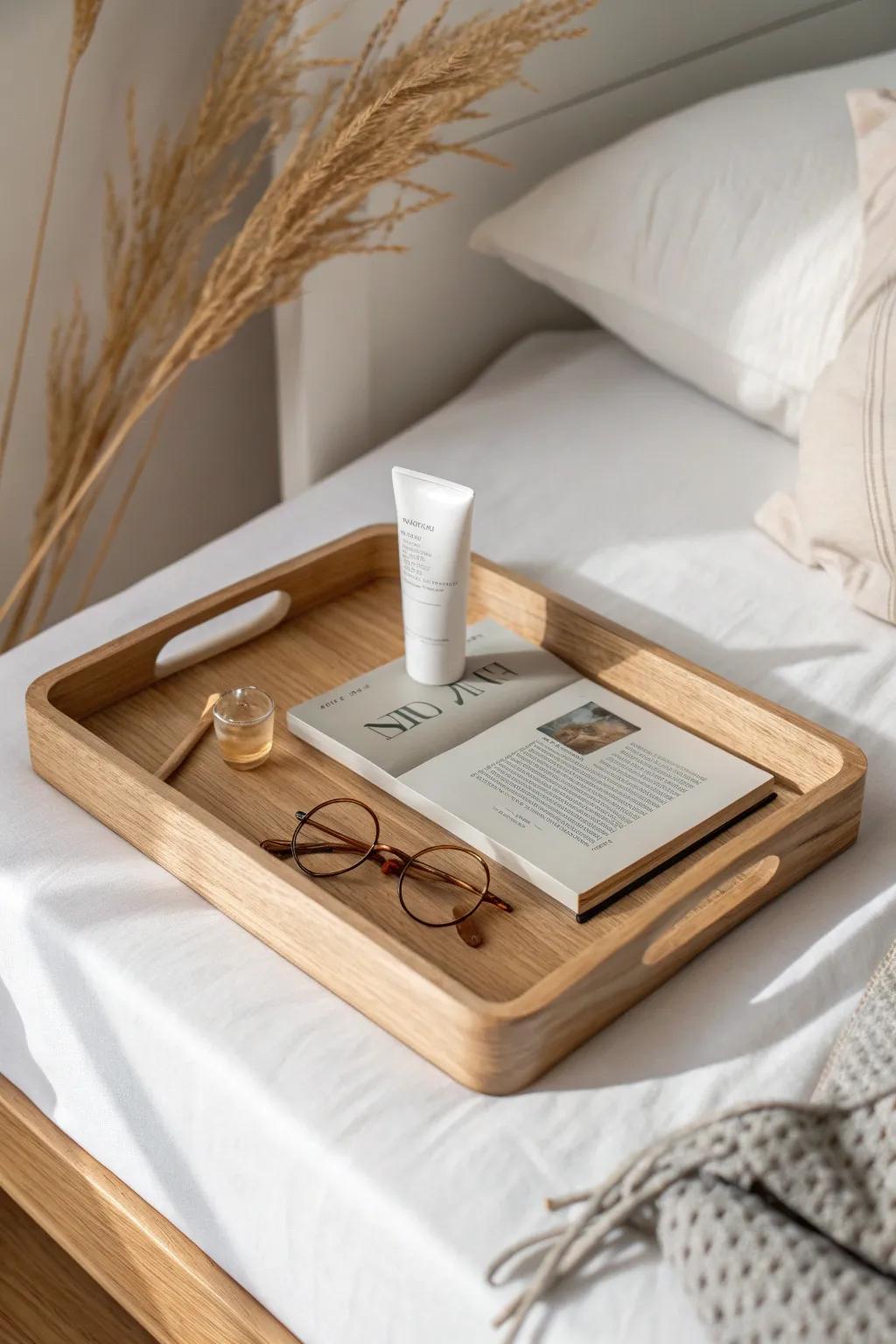 A slim wooden tray keeps bedside essentials tidy—simple grouping makes it look instantly styled.