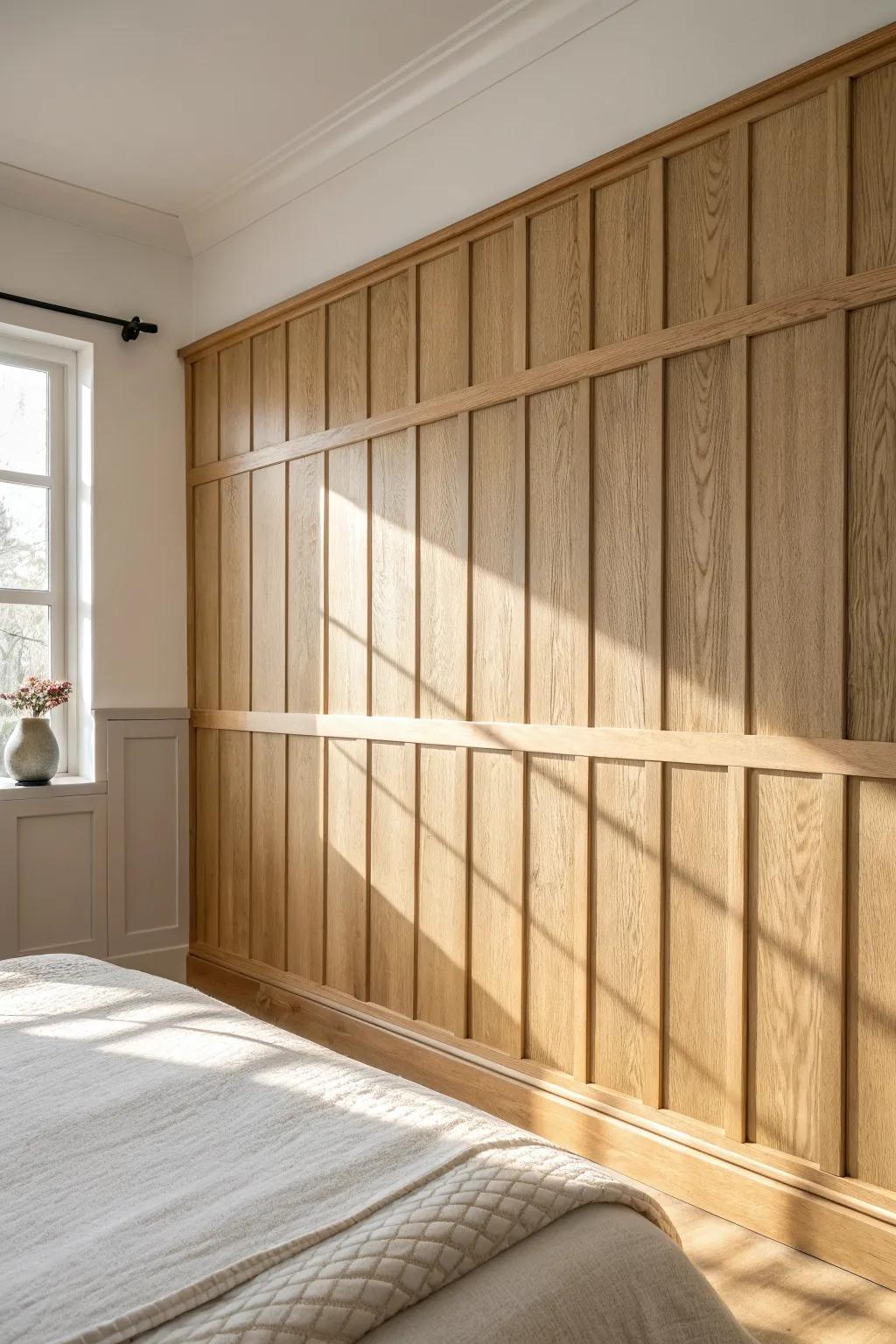 Clean board-and-batten panel wall for a calm bedroom—architectural texture with minimal decor.