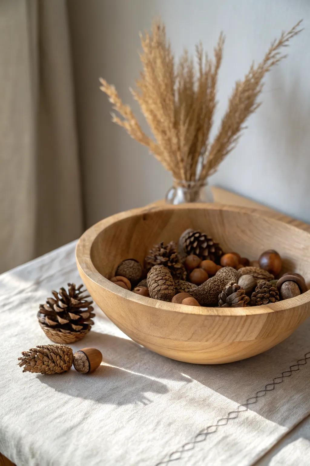 Hand-turned wooden bowl filled with pinecones and acorns—simple, foraged woodland charm.