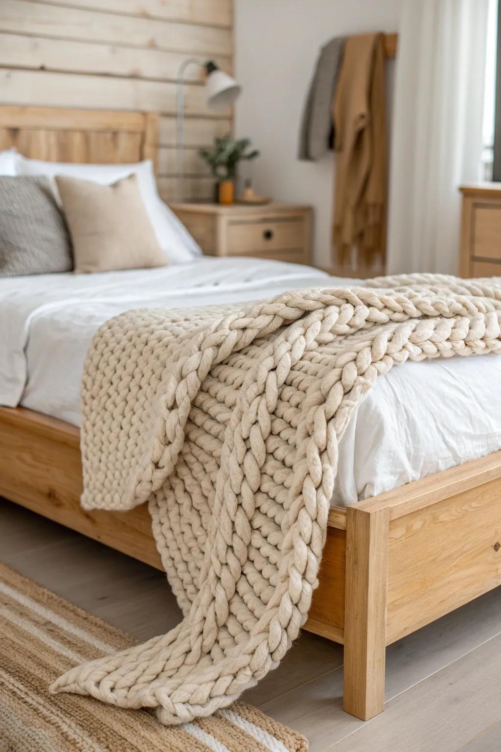 An oversized chunky knit throw adds instant cabin cozy—layer texture against warm wood.
