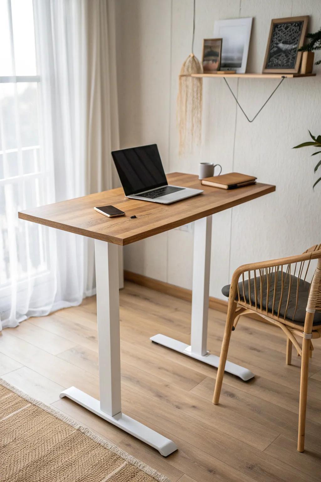 A warm oak sit-stand desk that keeps workdays ergonomic—without losing that cozy home feel.