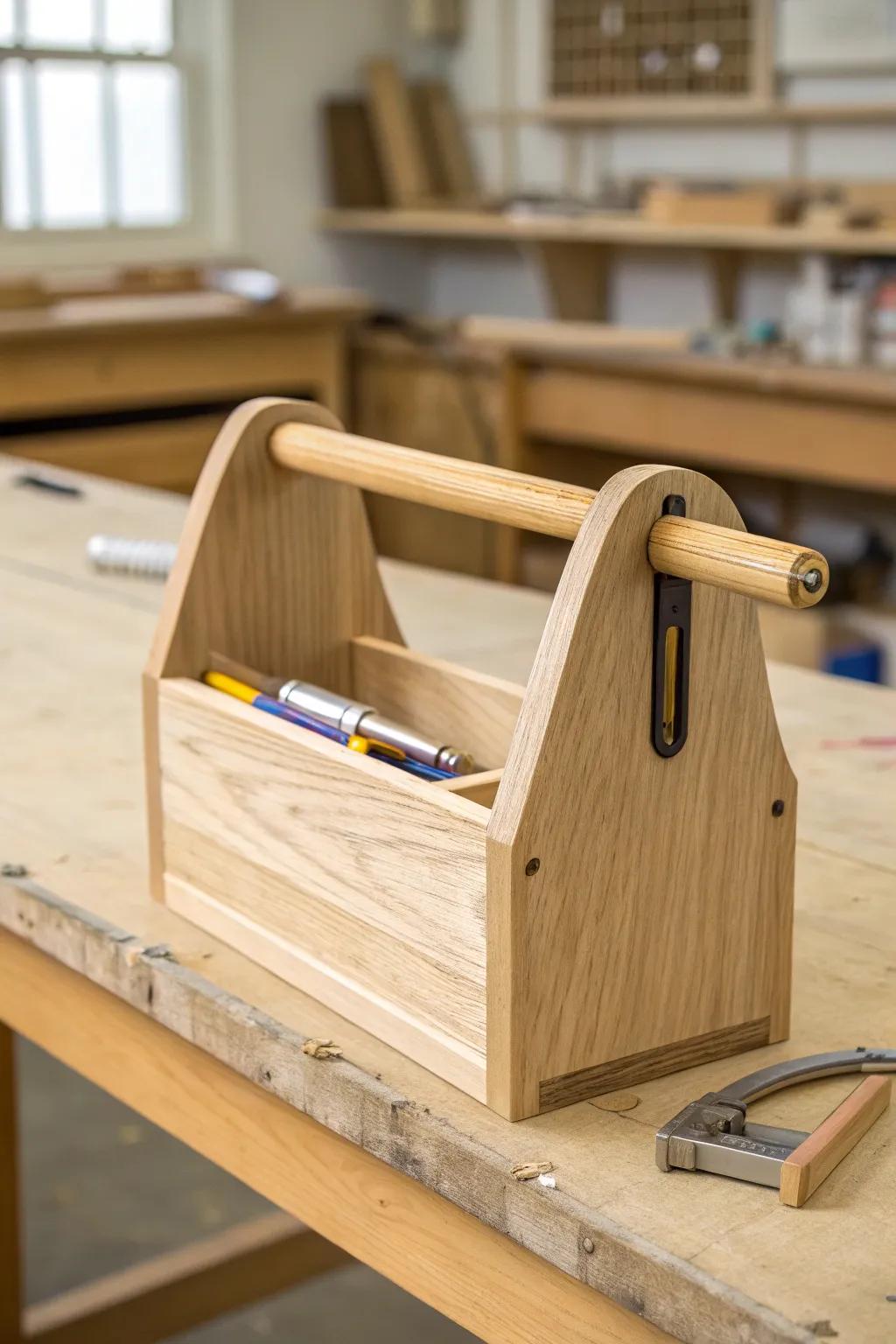 A portable bench-top caddy keeps active tools close—then lifts away for a clean assembly surface.