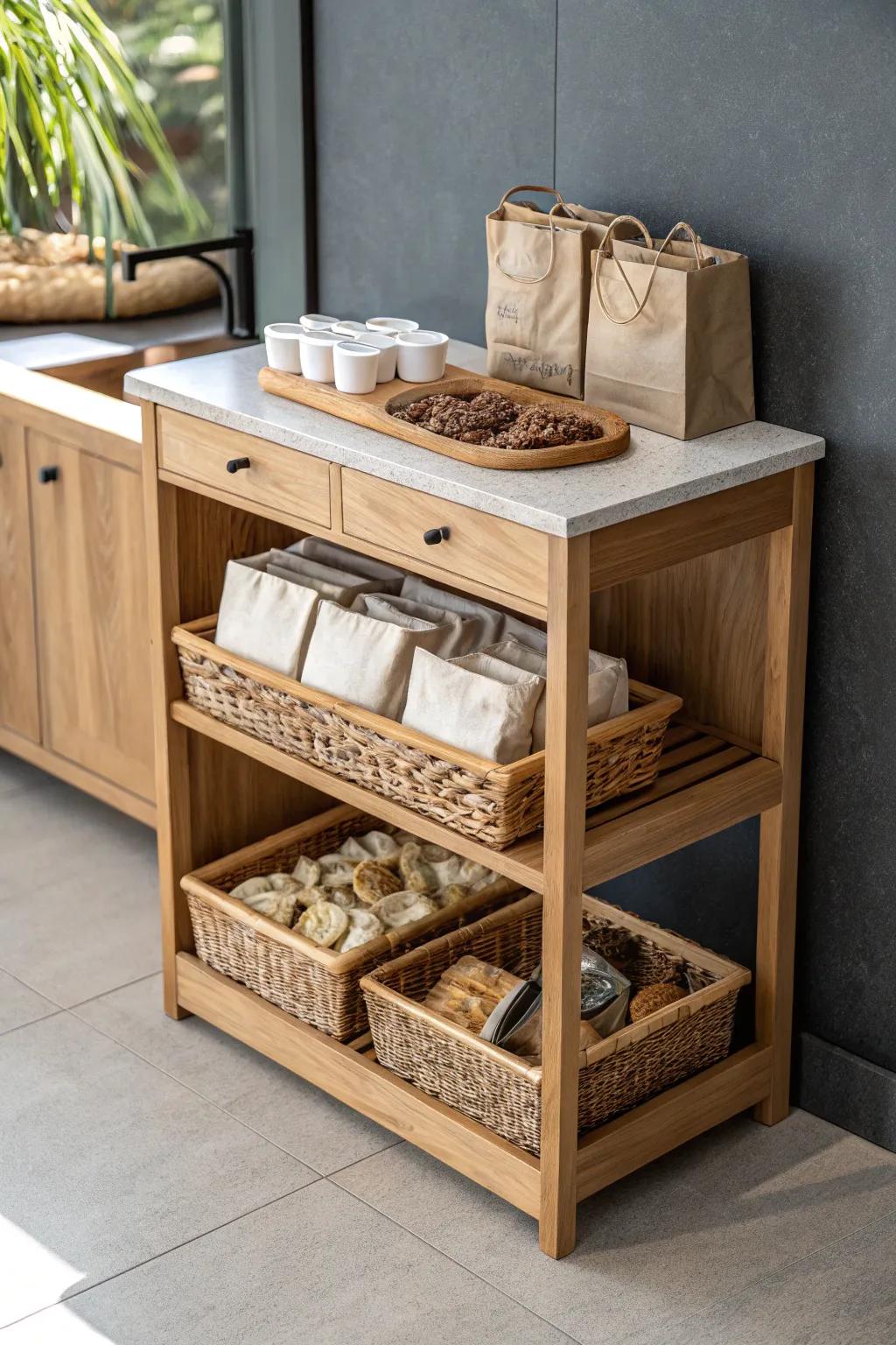 A grab-and-pack snack station in warm oak—keeps lunch prep tidy and kitchen traffic down.