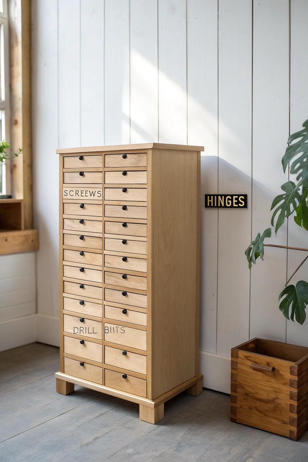 Shallow labeled drawers: the prettiest way to store screws, hinges, and tiny workshop essentials.