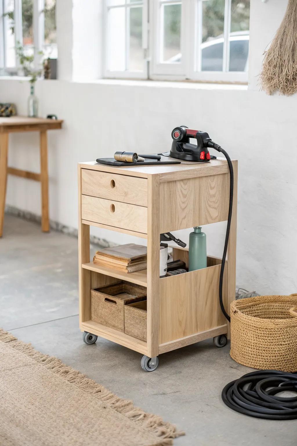 A mobile tool cart turns sanding into a flexible, sunlit station—roll it wherever you need.
