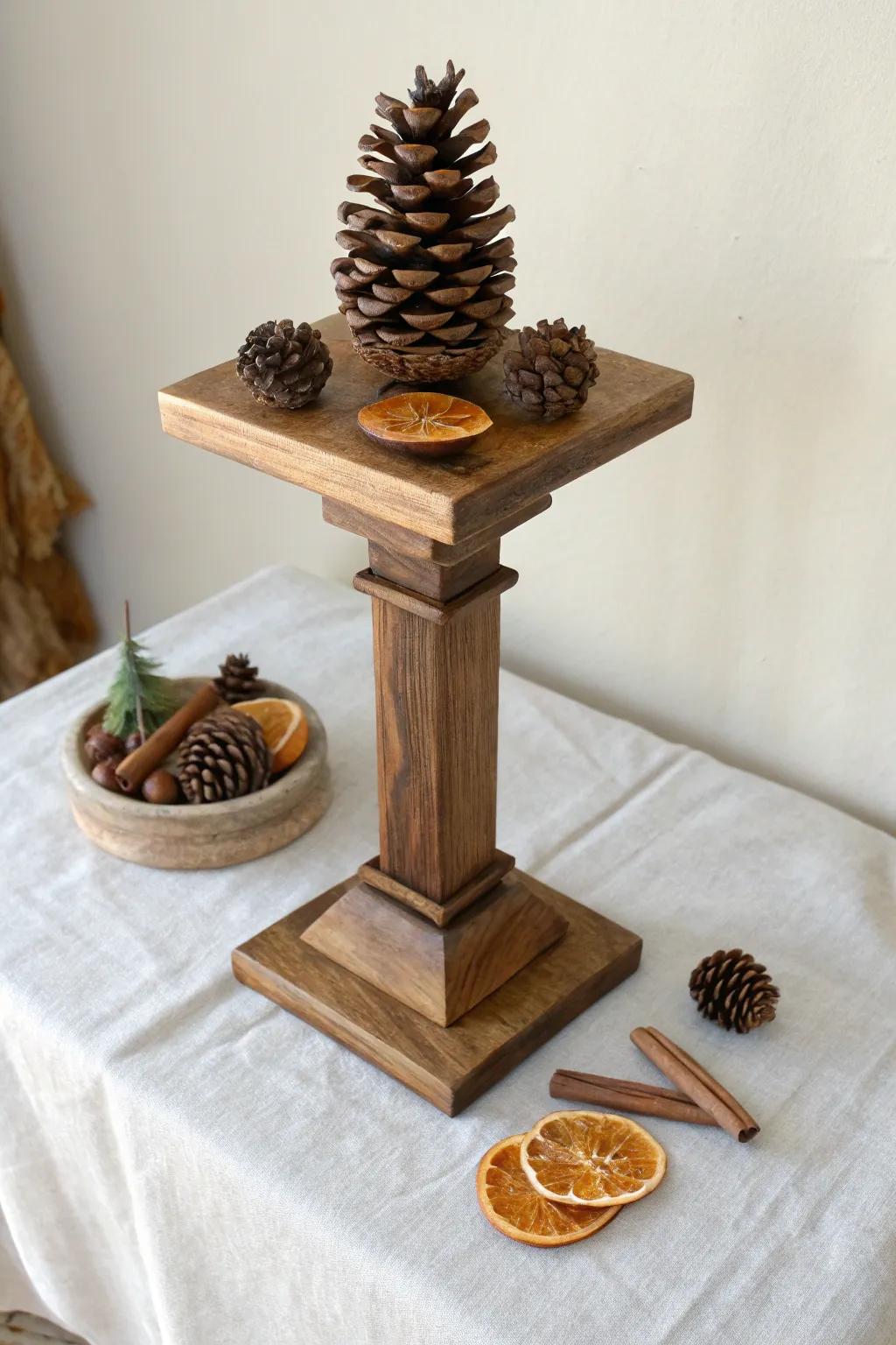 A dark-stained handmade pedestal topped with pinecones—simple, cozy height for a Yule altar.