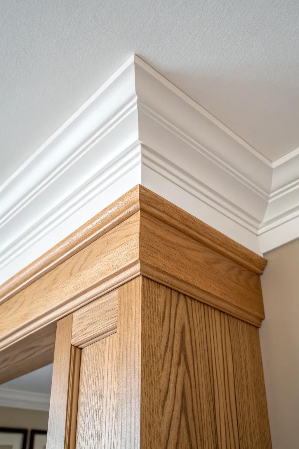 Modern 3‑piece crown stack: frieze + spacer + crown for a crisp, minimal shadow line.