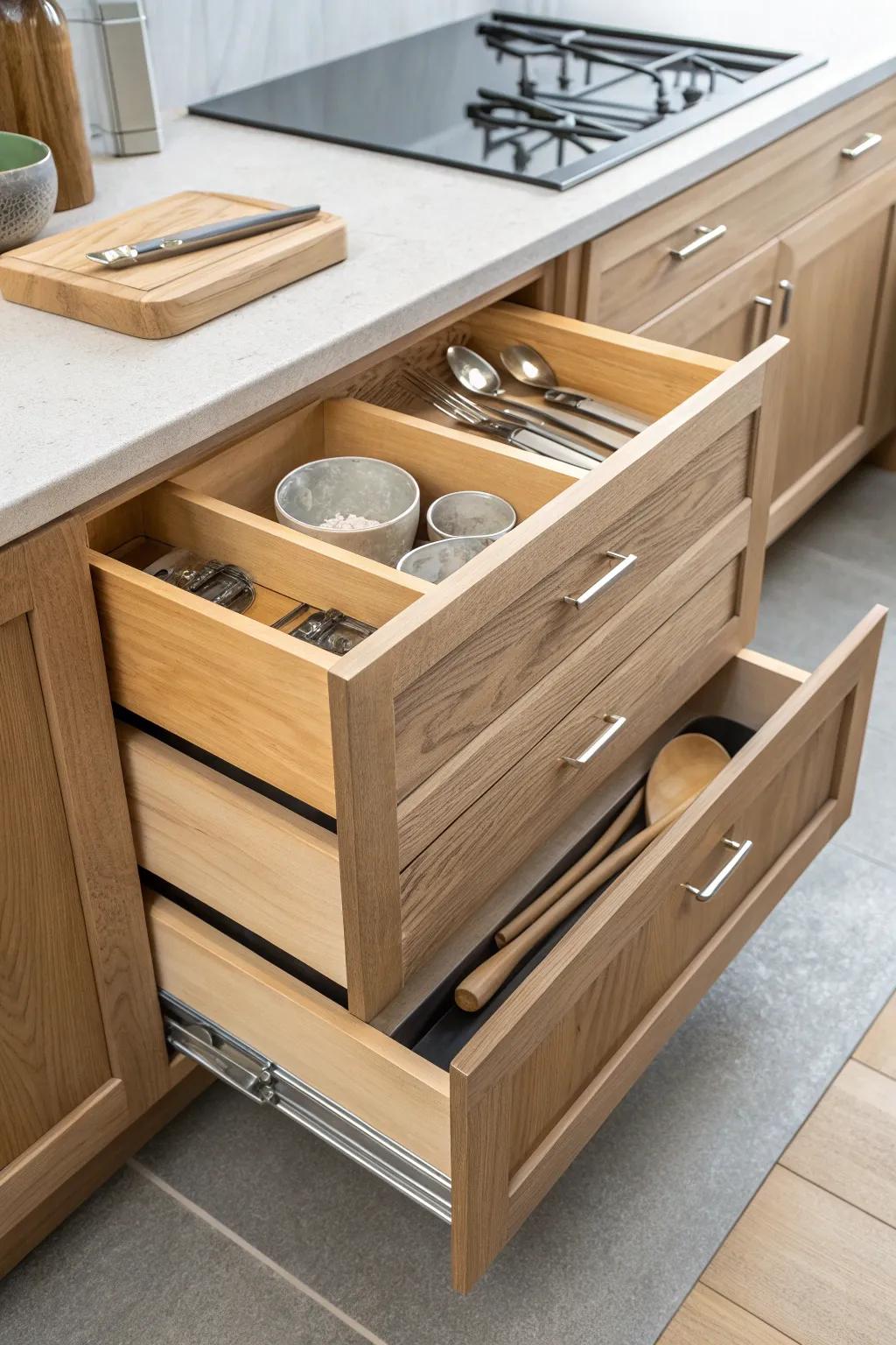 A slim 9-inch drawer stack that hides measuring spoons and small tools in calm, tidy style.
