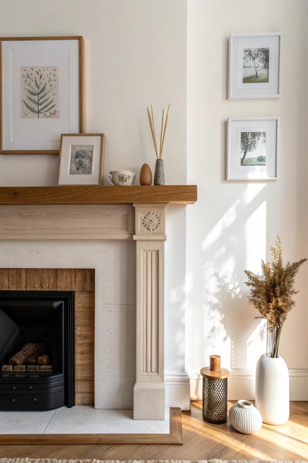 A slim oak picture ledge above the fireplace—easy to swap frames, carvings, and a vase.