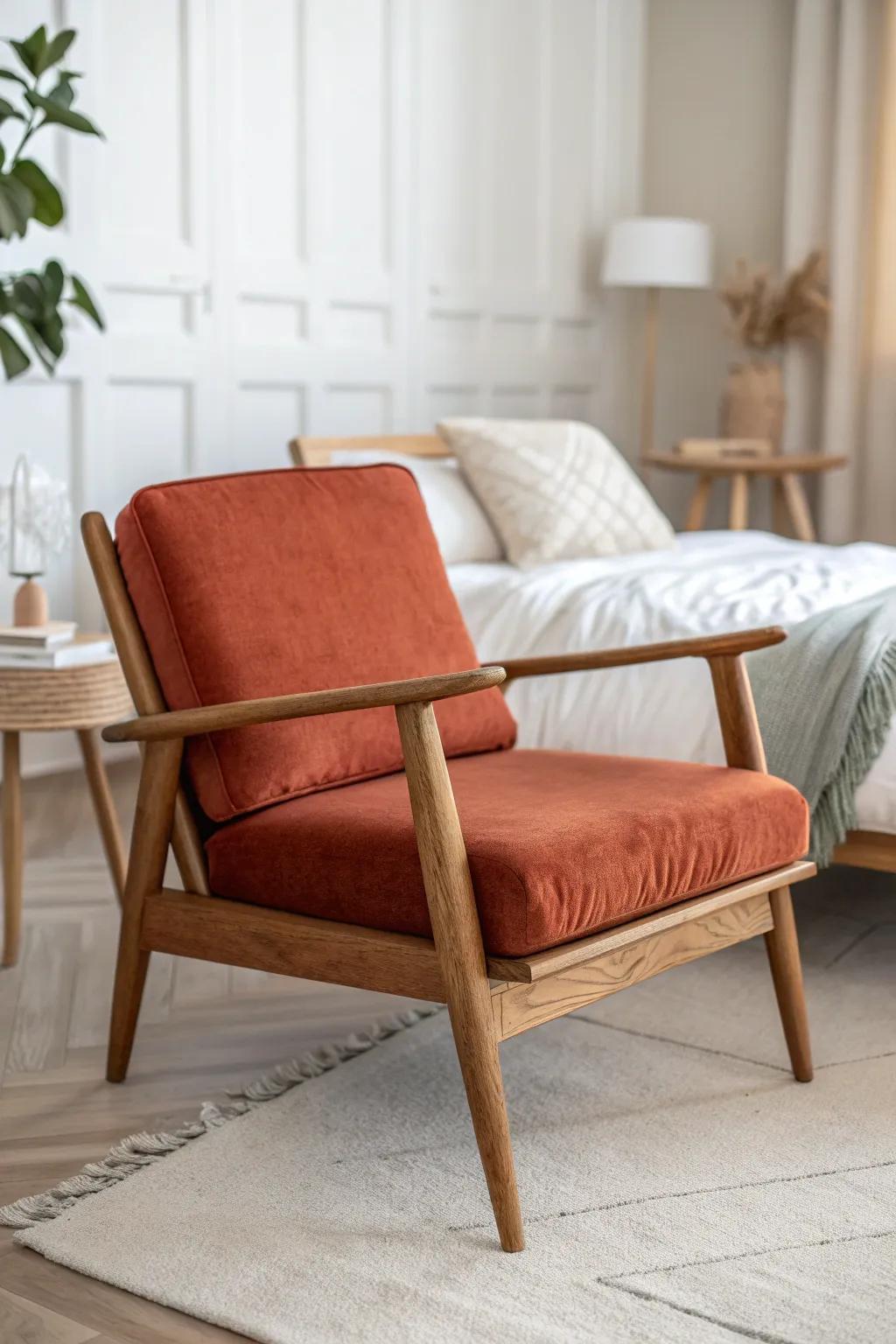 A terracotta accent chair adds an instant color pop to neutral bedding and warm wood tones.