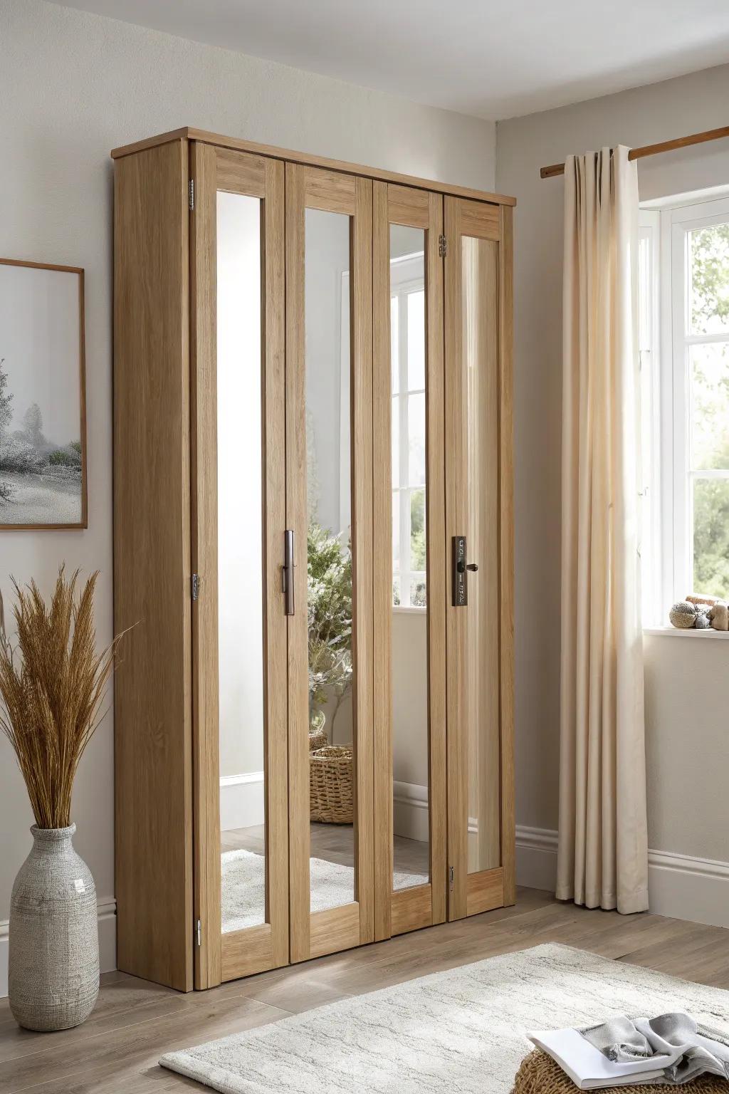 Light oak accordion door with mirror inserts—simple trim detail that brightens small rooms.