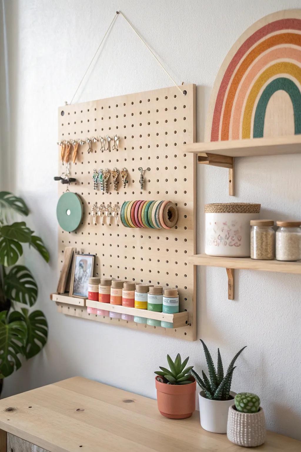 A color-blocked pegboard that turns thread, tape, and paint into a Scandinavian rainbow mural.