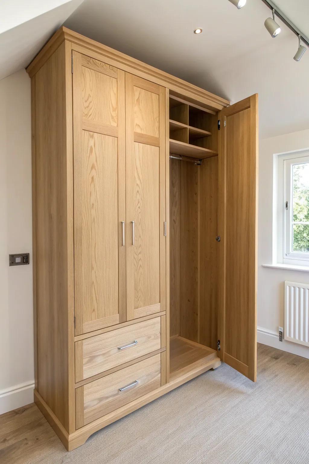 Adjustable shelf‑pin holes let your alcove wardrobe shift from shoes to linens in minutes.