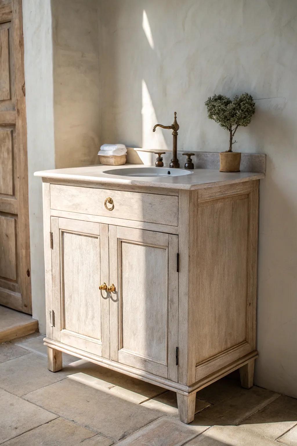 Whitewashed oak vanity: antique charm with airy brightness and grain-rich character.