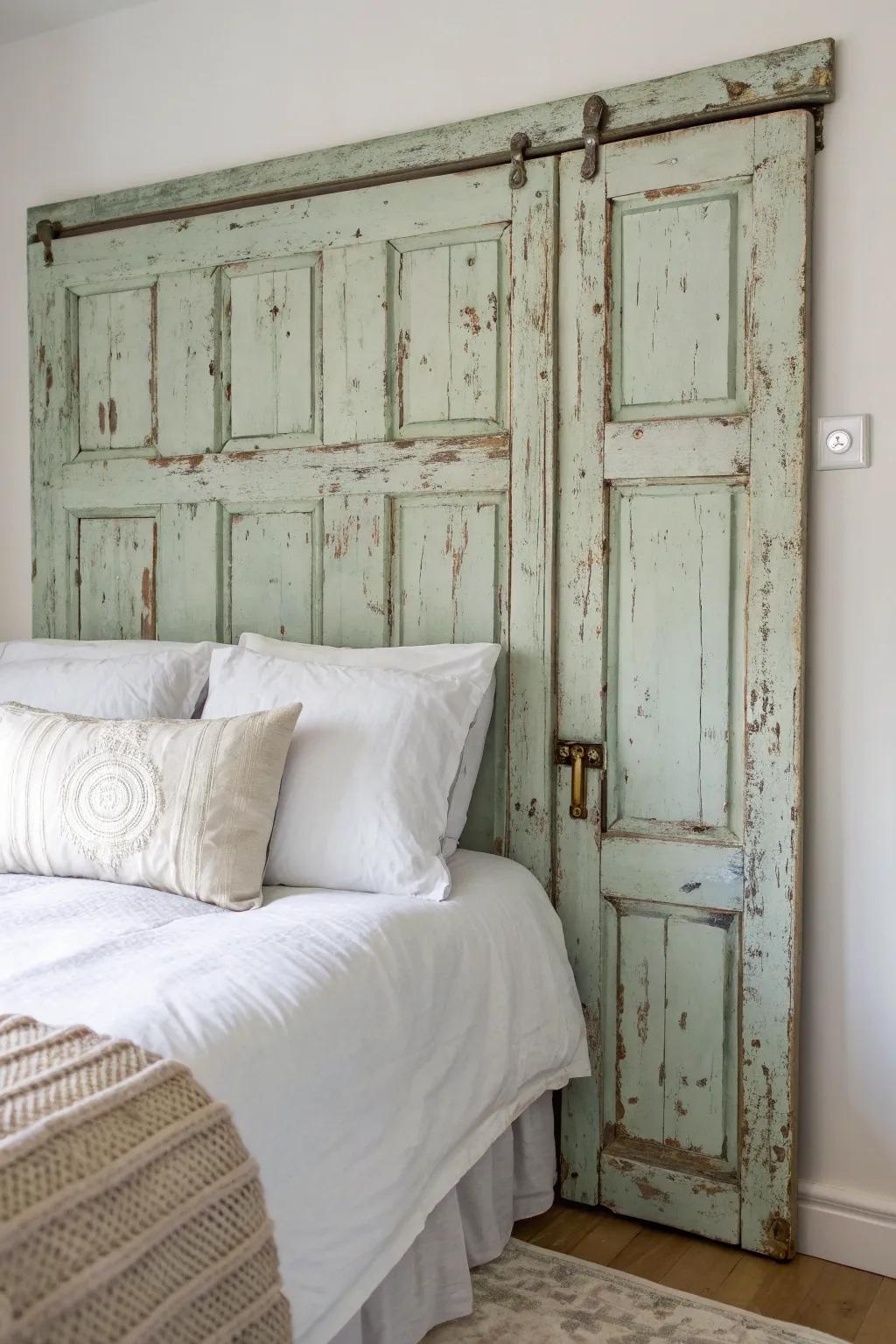 A salvaged antique door headboard—layers of patina and history for a soft, timeless statement.