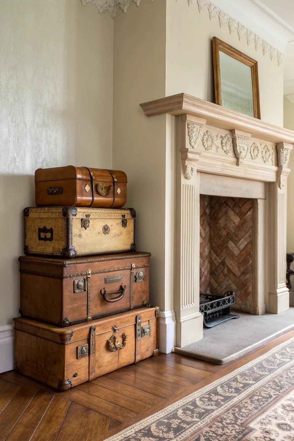 Stack vintage trunks in the firebox for hidden storage—and a dreamy collected mantel look.