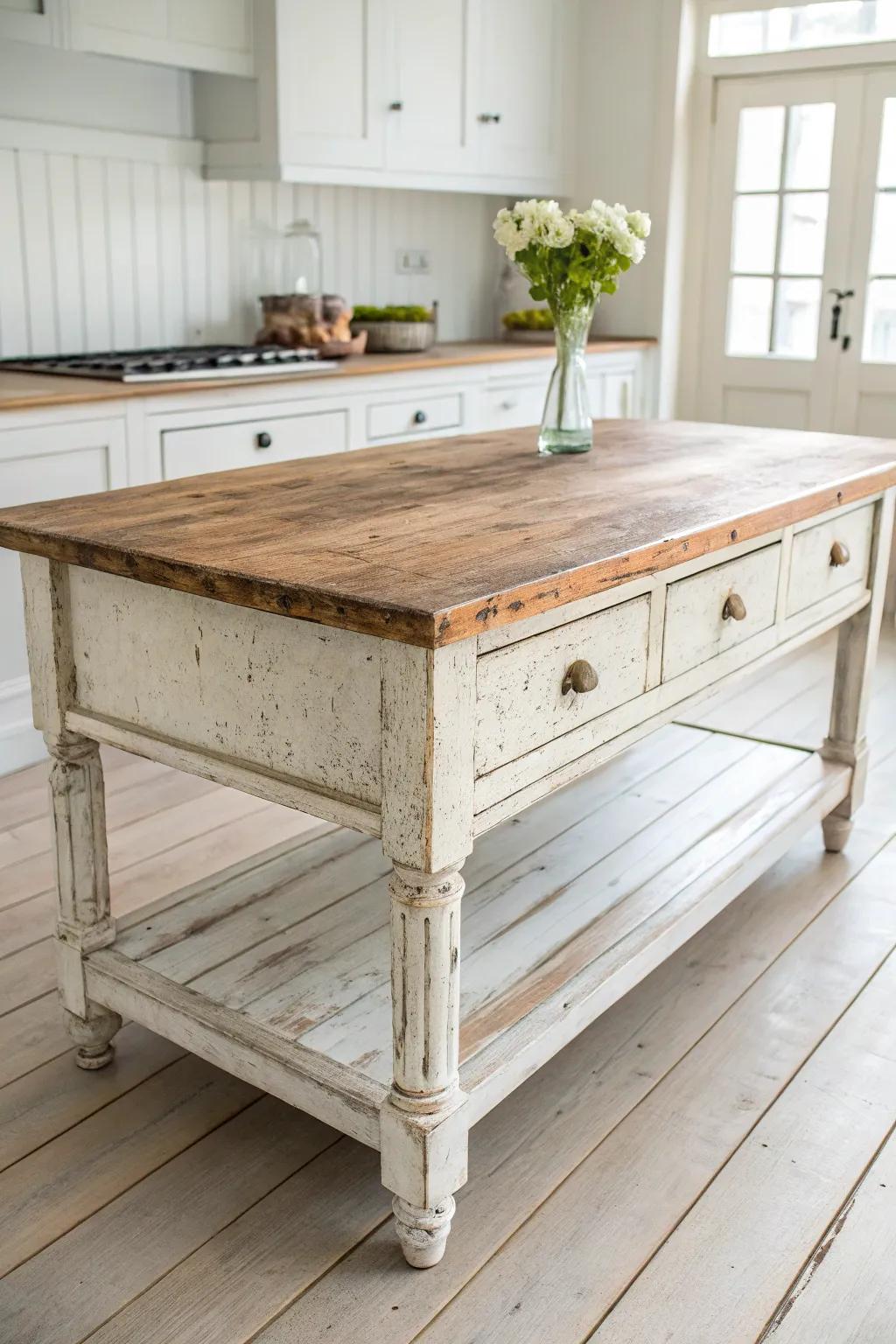 Reclaimed plank top + timeworn base—an antique island look that still feels clean and calm.