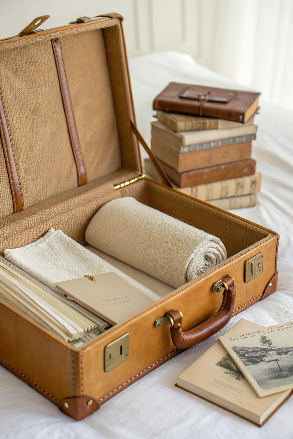 Style an open vintage suitcase as a chic bin—lid angled to frame linens and postcards.
