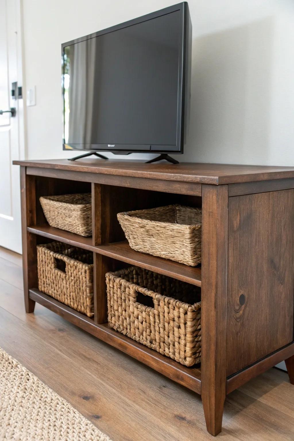 Antique TV stand with open shelves and woven baskets—tidy storage with boho warmth.